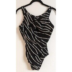 Wmn's MIRACLESUIT One-Piece Keyhole Front Black/White/Gold Metallic Swimsuit  10